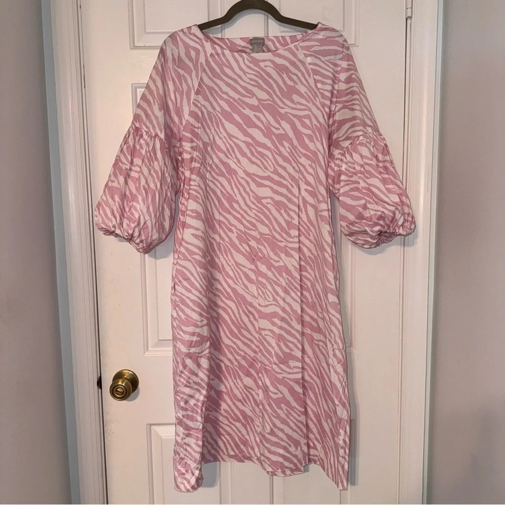 Chico's Light Pink white zebra print balloon sleeve midi dress L 12/14 - Picture 4 of 16